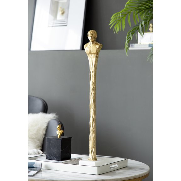 5.5x5.5x32" Elongated Gold Roman Statue on White Marble Base