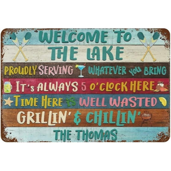 5.5x8 Inch Lake House Metal Sign,On Lake Time Wall Decor,Lake House Decor,Lake House Wall Art For Living Room Farmhouse Cafe Home Coffee Bar Pub Kitchen Bathroom Garden Yard Funny Wall Art Decor