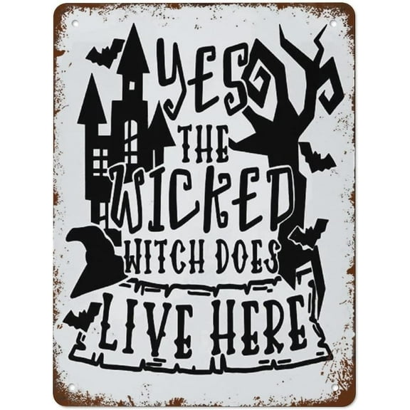 5.5x8 Inch Wicked Witch Lives Here Garden Halloween Decor Spooky Creepy Metal Tin Sign Vintage Metal Signs Vintage Kitchen Decor Funny Wall Decor For Home Cafes Office Store Pubs Club Plaque Tin