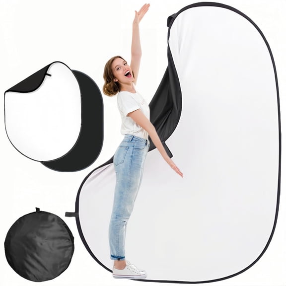 5 * 6.5 Ft Collapsible Backdrop Black White Pop Up Screen with Carrying Bag, Double Sided Foldable Portable Background for Photography tions Headshots Gaming Streaming Video Calls