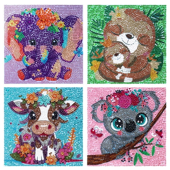 5 6 7 8 9 10 years old girls gifts diamonds digital painting: Arts and Crafts for Kids, Cute Animals Paint by Numbers Kit for Beginners, birthday Gift for Age 8-12 Kids for Decor 4 Pack (8x8in).