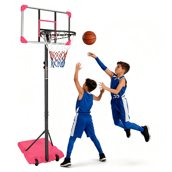5.6–7ft Adjustable Portable Basketball Hoop with Rolling Wheels, Fillable Base Kids Youth Basketball Goal for Indoor Outdoor Backyard Use