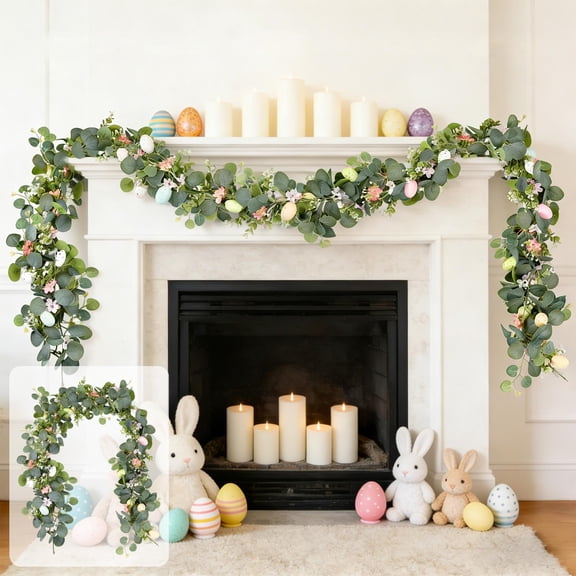 5.6 Ft Artificial Easter Eggs Garland with Green Leaves, Plastic Pastel Eggs Hanging Garland Easter Garland Vine String for Holiday Mantle Fireplace Home Indoor Outdoor Easter Decoration