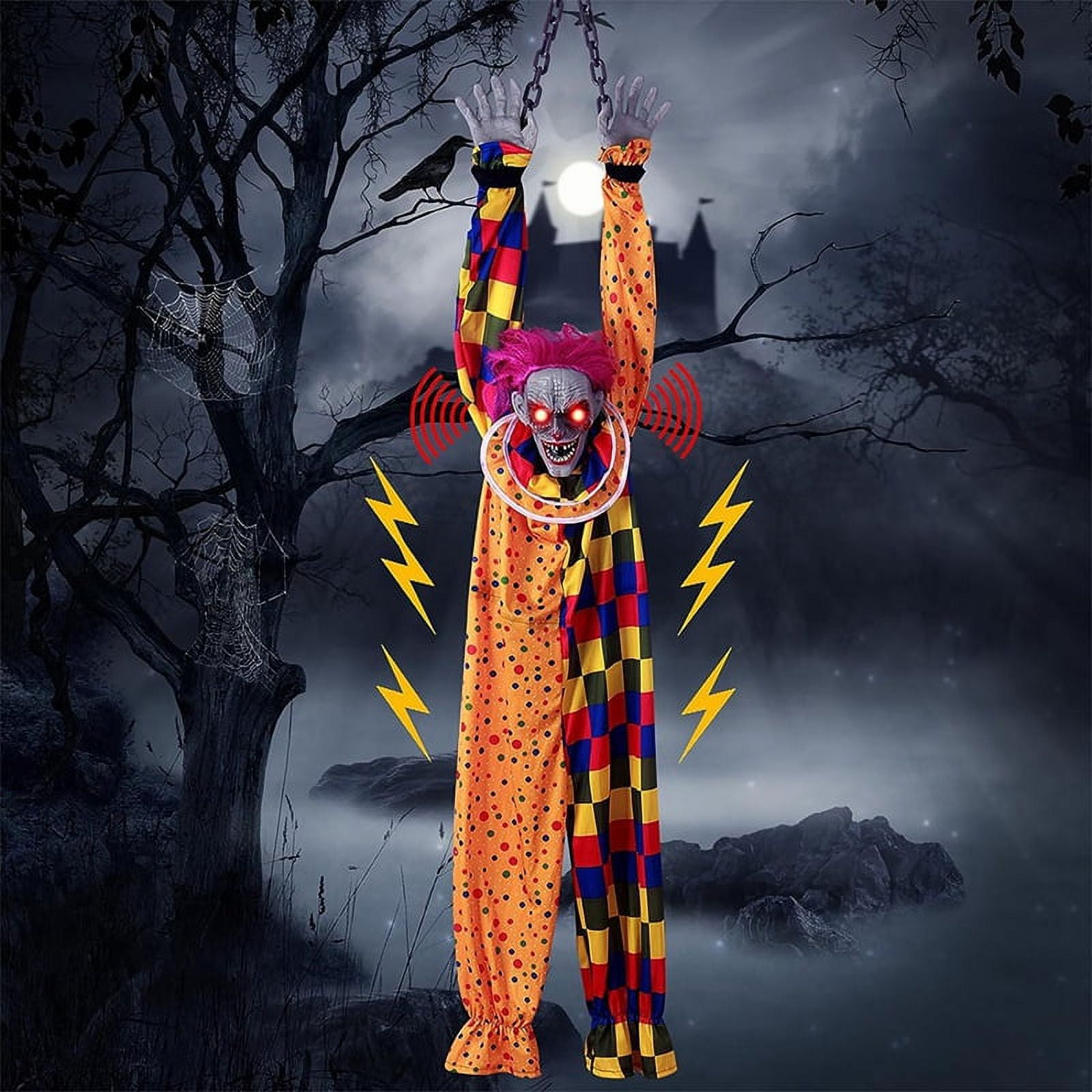 5.6 Ft Halloween Hanging Animated Talking \u0026 Shaking Scary Clown with Chain, Touch Activated for Decor