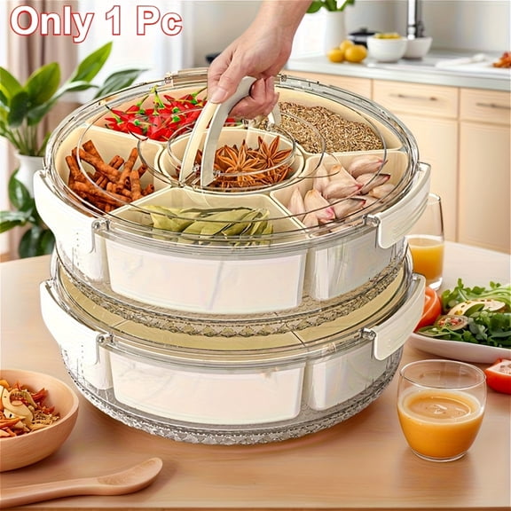 5/6 Grid 360 Rotating Snack Tray with Lid & Handle, Multi-Compartment Food Storage Container, Space-Saving, Ideal for RV Fridge, Campers, Parties, Picnics & Travel