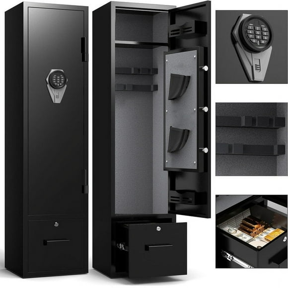 5-6 Gun Rifle Safe - Heavy Duty Steel Fireproof Gun Cabinet with Digital Keypad, Adjustable Rifle Rack + Pistol Pouch, Wall Mountable Firearm Safe for Home & Office