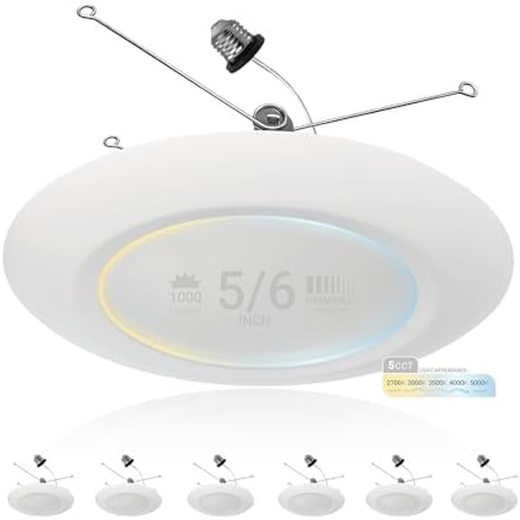 5/6 Inch Flush Mount Ceiling Light Disk LED Can Light Replacement, Connects to 3o/4o Junction Box or Recessed Lighting Socket, Dimmable 1100 Lumens Disc Lights,  Selectable 5 CCT, 6 Pack