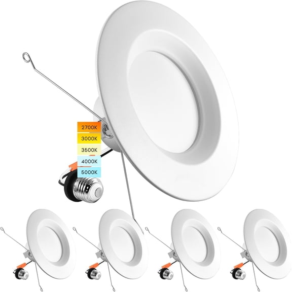 5/6 Inch LED Recessed Retrofit Downlight, 14W=90W, CCT Color Selectable 2700K | 3000K | 3500K | 4000K | 5000K, Dimmable Can Light, 1100 Lumens, Wet Rated, Energy Star, Smooth Trim (4 Pack)