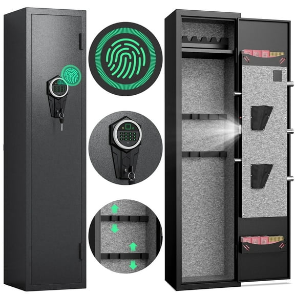 5-6 Large Biometric Fingerprint Gun Safe for Guns and Pistols, Quick Access Gun Safe with Silent Mode and Alarm System, Gun Cabinet with Removable Shelf and 3 Adjustable Gun Slots