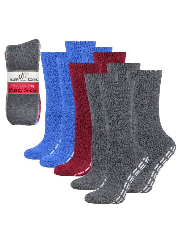Men’s and Women’s Non-Slip Hospital Socks, Fuzzy Grip Design, 5/6 Pairs
