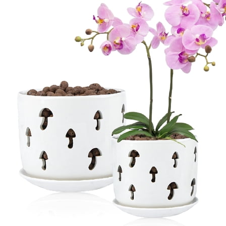 5"+6" Patina Ceramic Orchid Pots with Holes, White Mushroom Shape Planters