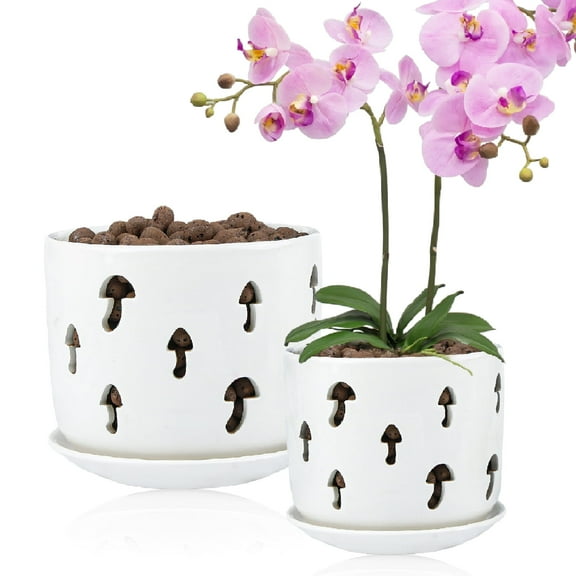 5"+6" Patina Ceramic Orchid Pots with Holes, White Mushroom Shape Planters