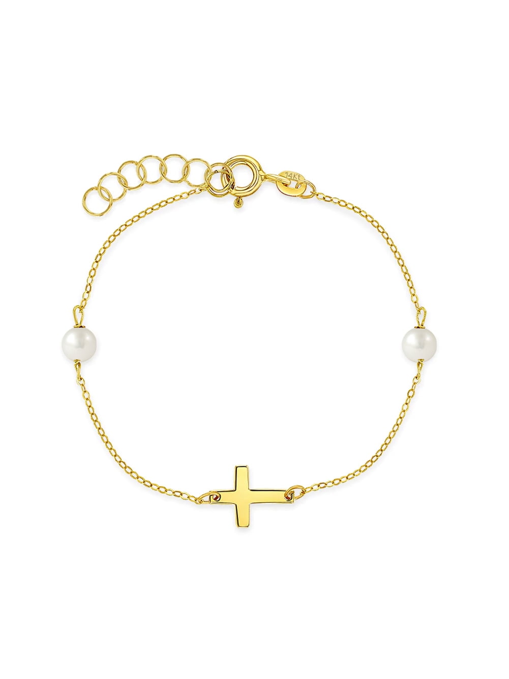 IN SEASON JEWELRY 5-6" Polished Cross Baby/Toddler Bracelet Freshwater Cultured Pearl - 14k Gold