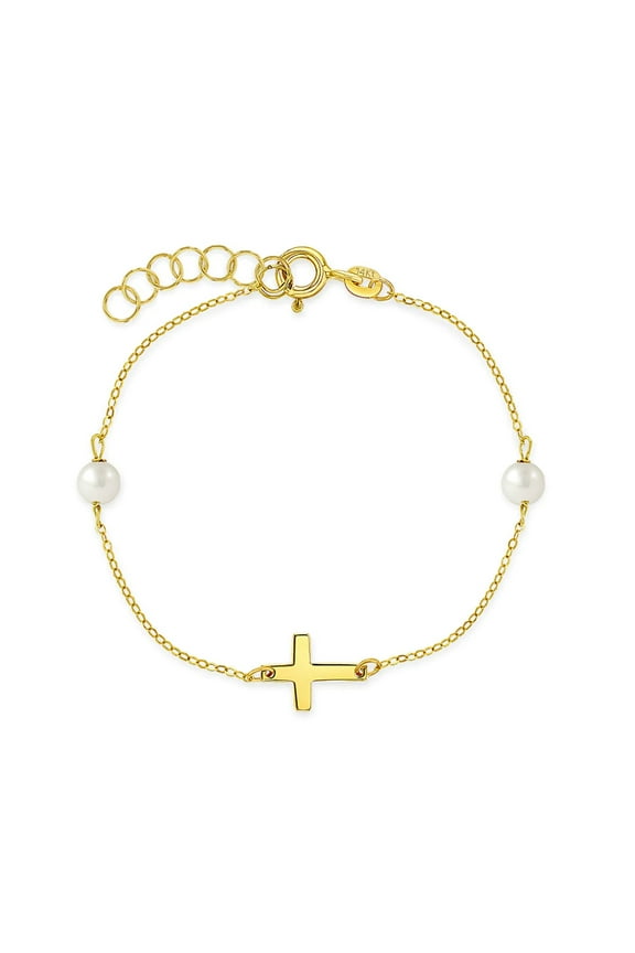 5-6" Polished Cross Baby/Toddler Bracelet Freshwater Cultured Pearl - 14k Gold