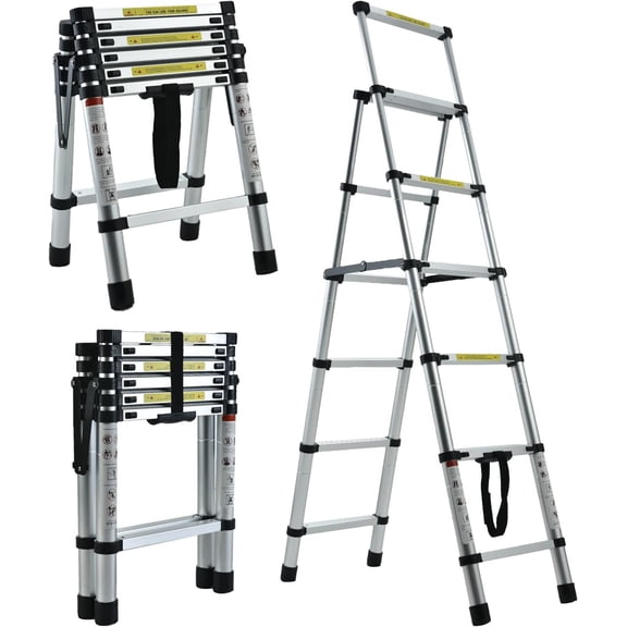 5+6 Step Ladder Telescoping Ladder 5.5FT Portable Multi-Purpose Folding Ladder Aluminum Heavy Duty Extension Telescopic Ladder Convenient Handgrip Widened Pedal Safety Lock 330lb Max Load Easy to Use