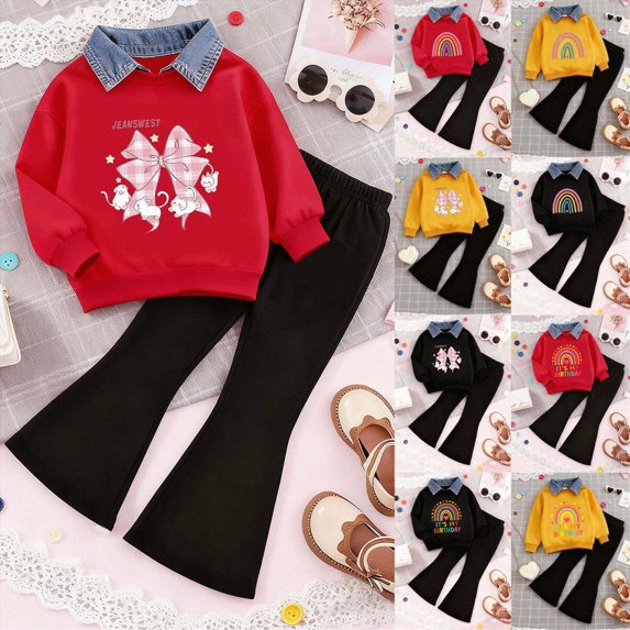 5-6 Years Child Toddler Clothes for Baby Girls Long Sleeve Sweatshirt Pants Girls Warm Fall Winter Pajama Set Outfits Set Patchwork Long Sleeve Sweatshirt Pants