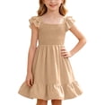 thumbnail image 1 of 5-6 Years Child's Dresses Cute Solid Color Short Sleeve Ruffle A Line Tiered Dress, 1 of 9