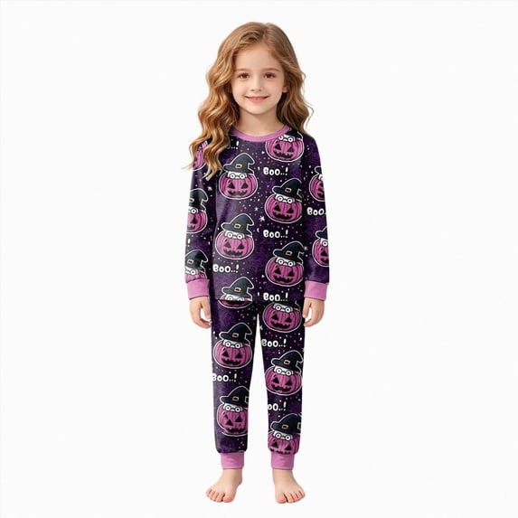 5-6 Years Girls Halloween Set Cute Cartoon Print Long Sleeved Homewear Two Piece Set Halloween Pajamas Toddler Girl Cute Pjs For Girls