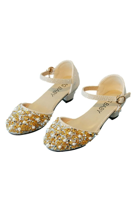 5-6 Years Girls Sandals Glitter Dress Shoes Princess Crystal High Heels Party Wedding Baby Girl Children's Rhinestone Decoration Princess Shoes Casual Buckle Sandals Gold