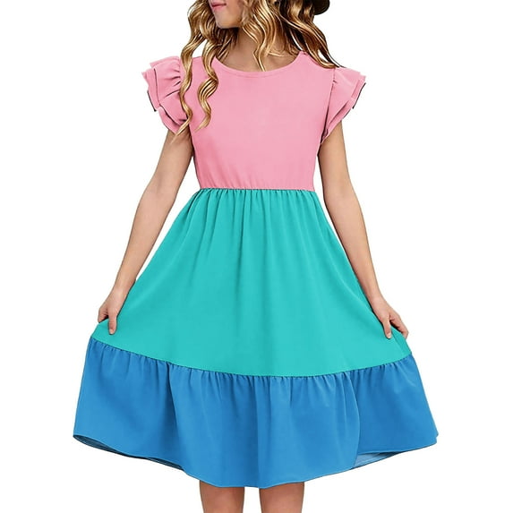 5-6 Years Girls' Short Sleeve Summer Dress, Midi Casual Classic Round Neck Loose Waist Pull On Dress