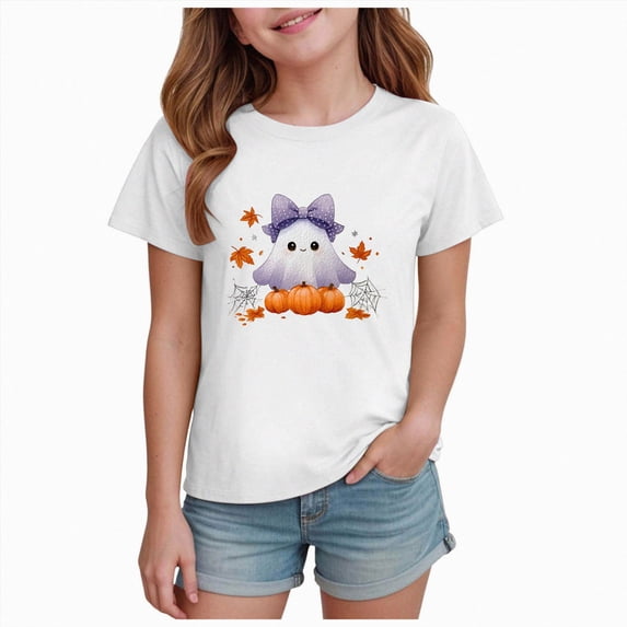 5-6 Years Kids Short Sleeved Halloween Pumpkin Print T Shirt Girls Casual Top Toddler Girl Halloween Outfit Girls Halloween Dress Girls T Shirts