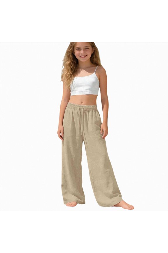 5-6 Years Teen Girls Linen Pants Drawstring Elastic Waist Wide Leg Pants Beach Trousers With Pockets Casual Sweatpants Parachute Joggers Pants Khaki Sports Pants