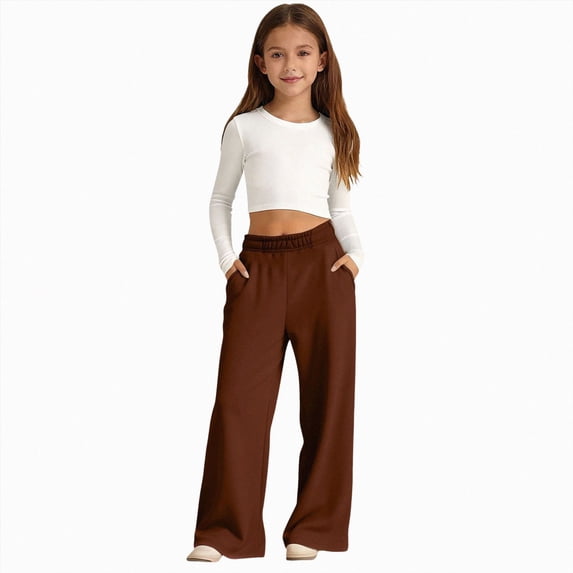 5-6 Years Toddler Girls Oversized Wide Leg Sweatpants Fleece Athletic Joggers Drawstring Waist And Pockets Kids Baggy Straight Leg Track Pants Pants for Fall and Winter Brown Pants