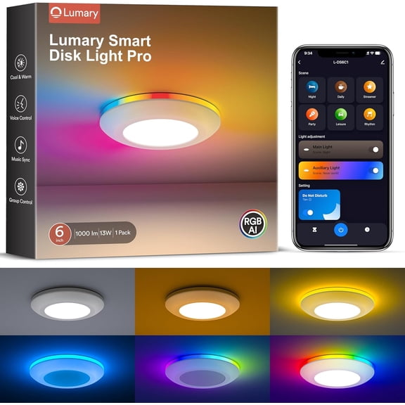 5/6 inch Smart RGBAI Led Disk Light Pro, Color Changing WiFi Smart Recessed Lighting with Night Light, Flexible Install Flush Mount Ceiling Light, Work with Alexa/Google Assistant, 1 Pack