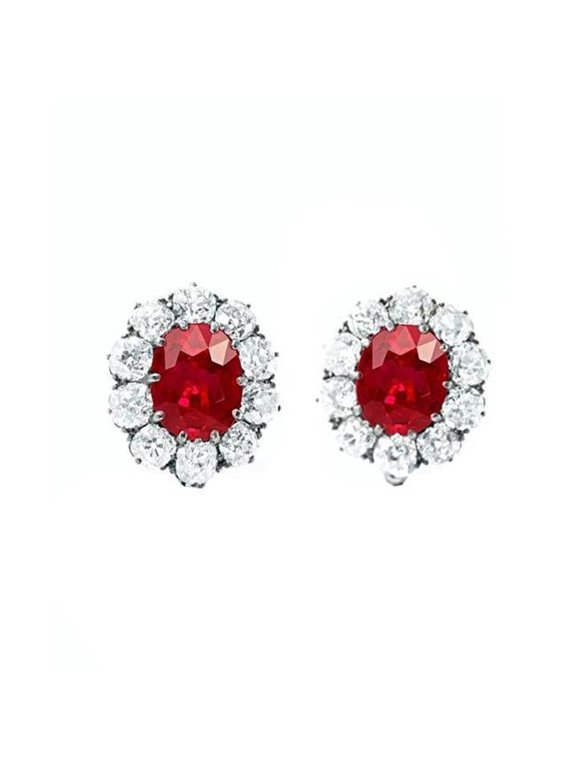 5.60 CT Red Ruby & Diamond Stud Earring, 14K White Gold
