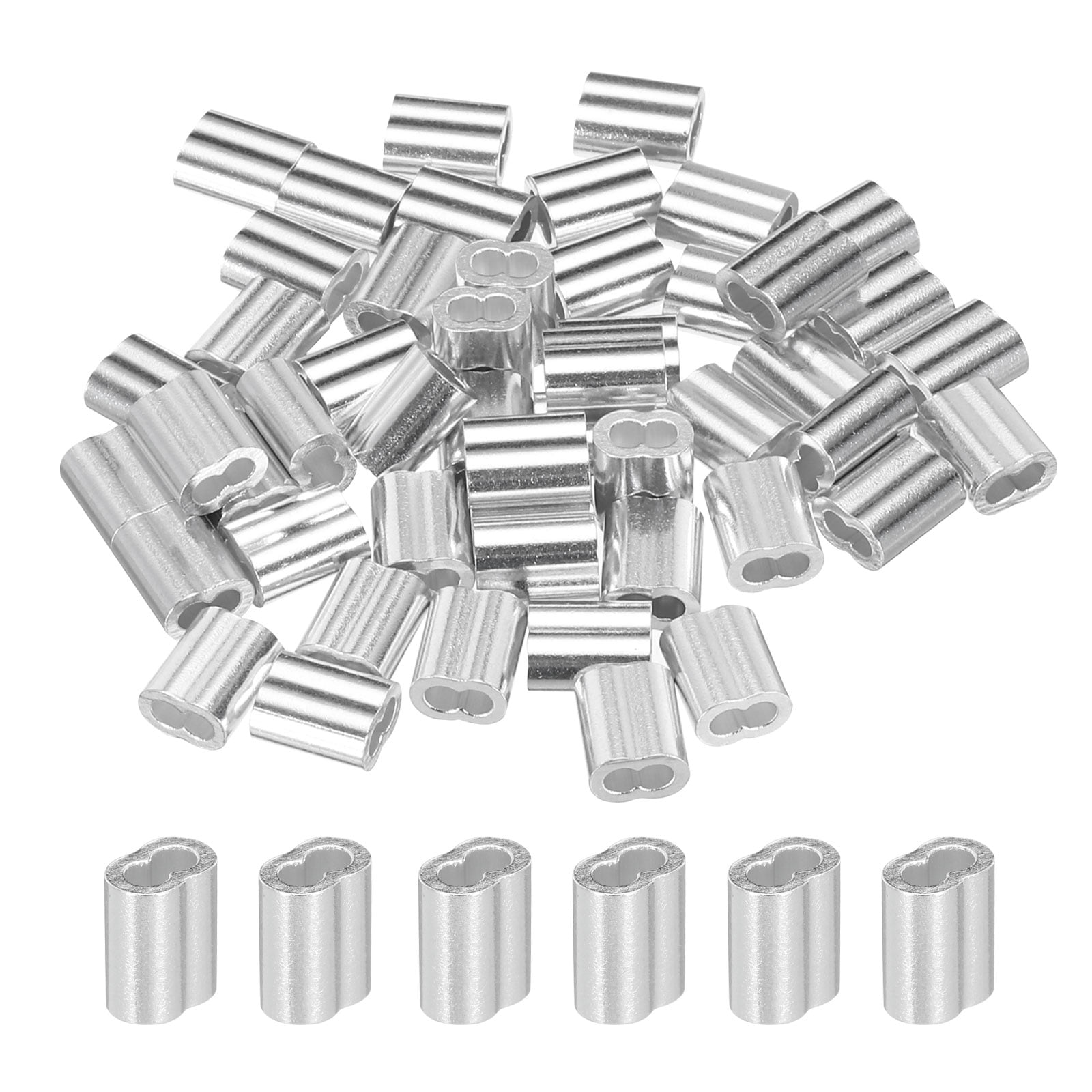 5/64" 2mm Aluminum Crimping Loop Sleeve Double Ferrule for Wire Rope Cable Line End, Silver 50 Pack