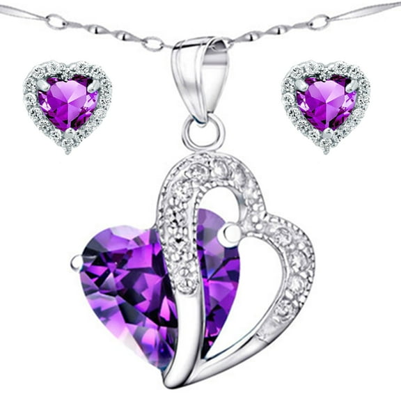 5.66 Carat TCW Double Heart Created Amethyst 925 Sterling Silver Necklace Pendant and Earrings 3 Pieces Jewelry Set