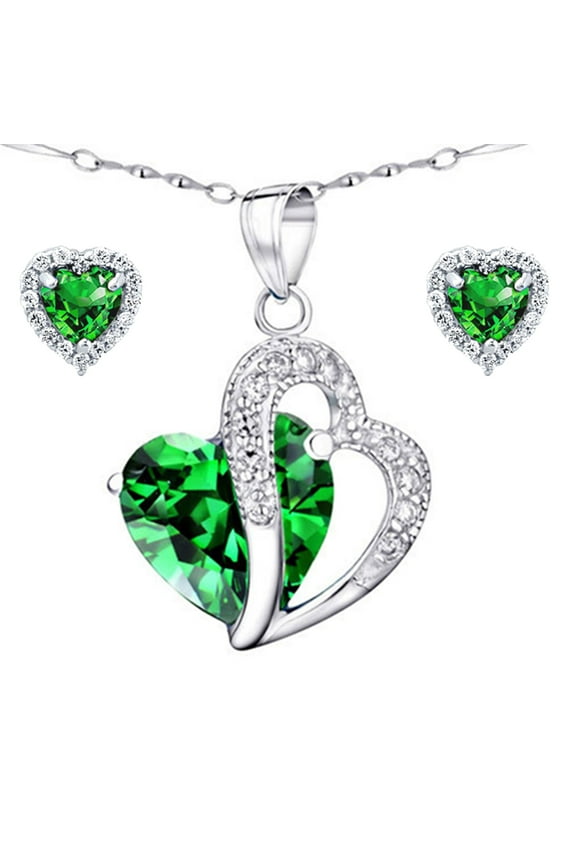 5.66 Carat TCW Double Heart Created Emerald 925 Sterling Silver Necklace Pendant and Earrings 3 Pieces Jewelry Set