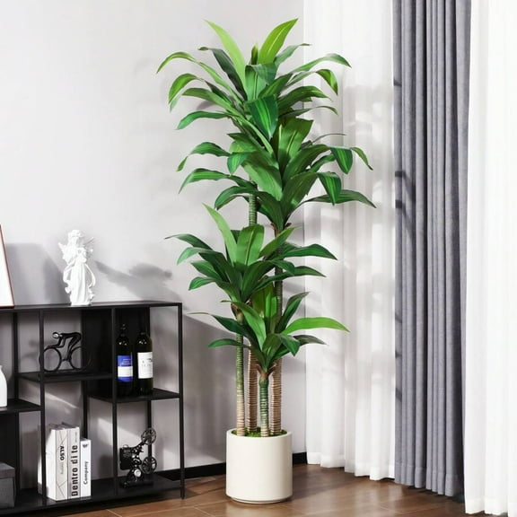 5/6FT Artificial Dracaena Tree with Large White Planter - Realistic Faux Tropical Plant for Home, Living Room, Office & Balcony Decoration