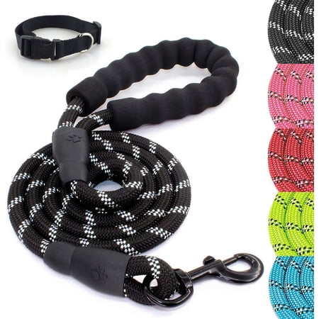 5/6FT Dog Leash and Collar Set with Comfortable Padded Handle-Highly Reflective Threads Rope Pet Leash for Dogs up to 110lbs- 5ft, Black