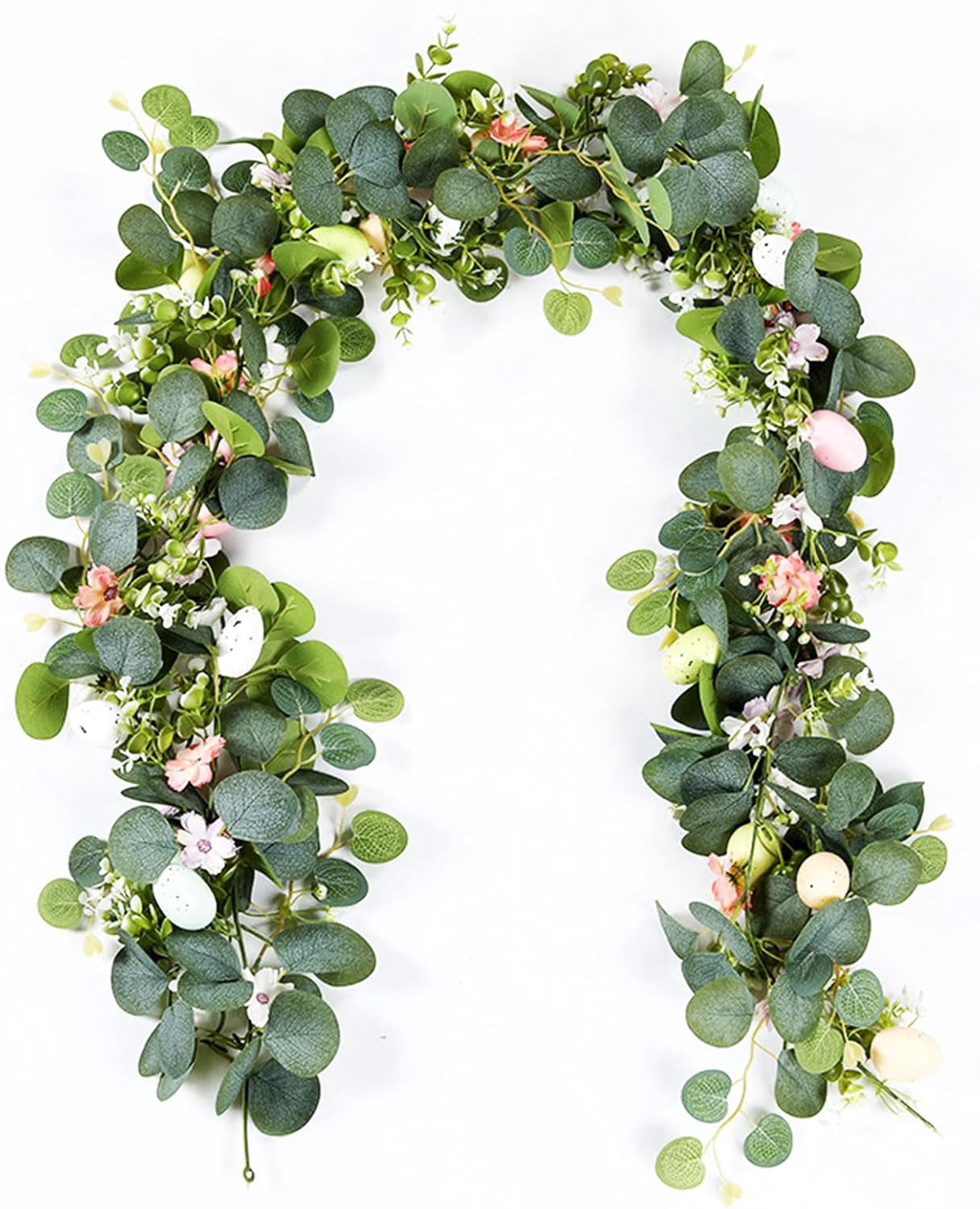 Spring Tree Garland 5.6FT Easter Garland with Muticolor Eggs and Eucalyptus Leaves ...