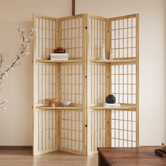 5.6FT Room Divider Folding Portable Partition Screen Chinese Japanese Shoji Style with 3 Display Shelves for Bedroom Office Separation, 4 Panel Natural