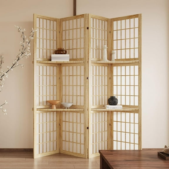 5.6FT Room Divider and Folding Portable Partition Screen, Chinese Japanese Shoji Style with Three Display Shelves for Room Separation - 4 Panel (Natural)