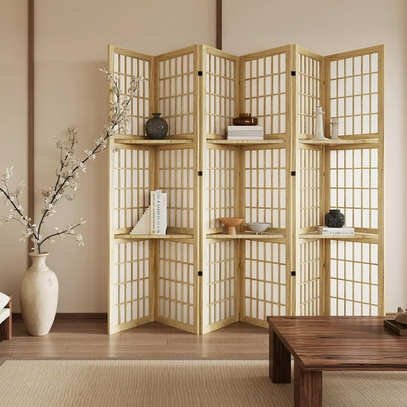 5.6FT Room Divider and Folding Portable Partition Screen, Chinese Japanese Shoji Style with Three Display Shelves for Room Separation - 6 Panel (Natural)