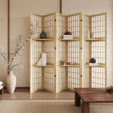 5.6FT Room Divider Folding Portable Partition Screen, Chinese Japanese Shoji Style with 3 Shelves for Room Separation - 6 Panel (Natural)