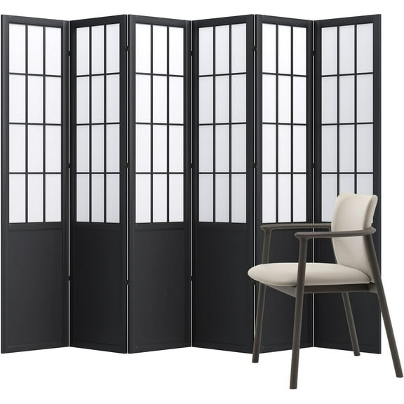 5.6FT Room Divider and Folding Portable Partition Screen, Chinese Japanese Shoji Style for Room Separation - 6 Panel (Black)