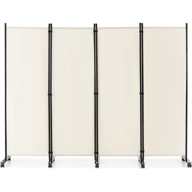 5.6Ft Folding 4 Panel Room Divider with Rollers White 89" Wide