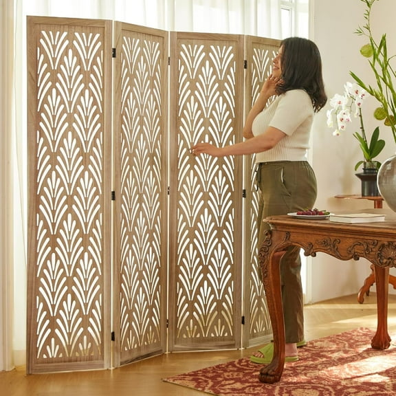 5.6Ft Room Divider Folding Wood Simple Carved Partition Screen for Home Office Garden - 4 Panels (Natural)