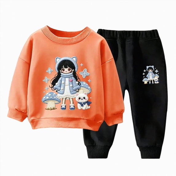 5-6T Boys Girl Clothes Set Crewneck Sweatshirt Long Sleeve Tops + Jogger Pants Fall Winter Outfits 3T 4T 5T 6T 7T 8T 9T 10T Kids Orange Outfits
