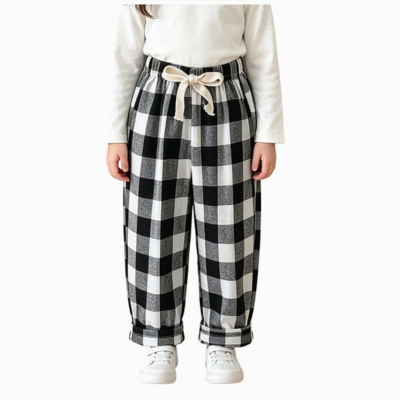 5-6T Boys Girls Gingham Plaid Jogger Pants,Lightweight Cotton Drawstring Loose Harem Pants,Breathable Cuffed Lounge Pajama Sweatpant for Toddler Little Big Girls Size 12 Months-10T,Black