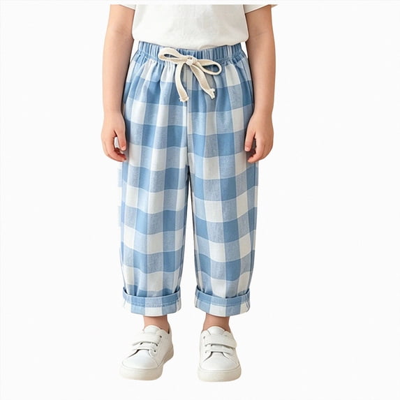 5-6T Boys Girls Gingham Plaid Jogger Pants,Lightweight Cotton Drawstring Loose Harem Pants,Breathable Cuffed Lounge Pajama Sweatpant for Toddler Little Big Girls Size 12 Months-10T,Blue