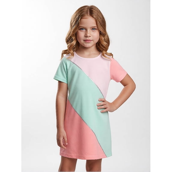 Kids Youthful Short Sleeve Dress Regular-Fit Round Neck Play Dress for Girls Girls Age 5-13 Basic Design