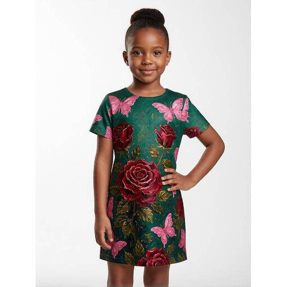 Girls Short Sleeve Summer Dress Relaxed-Fit Pockets Charming Casual Dress for Kids Girls Age 5-13 Summer Casual