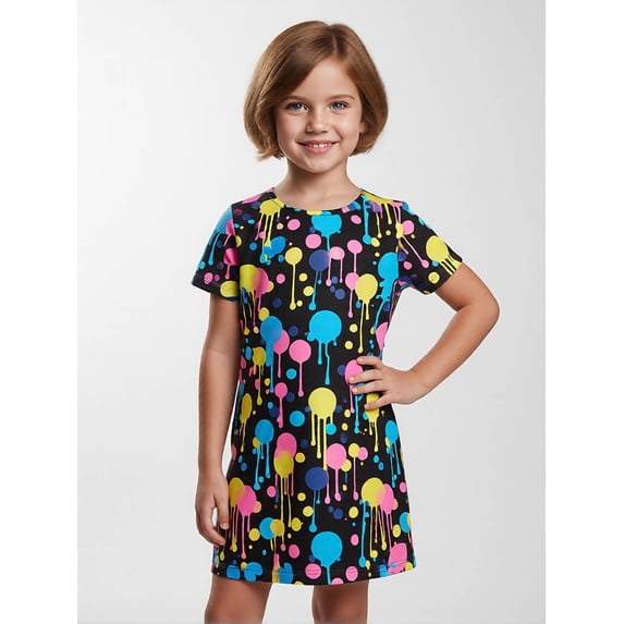 5-6Y Girls Short Sleeve Dress Digital Print Casual