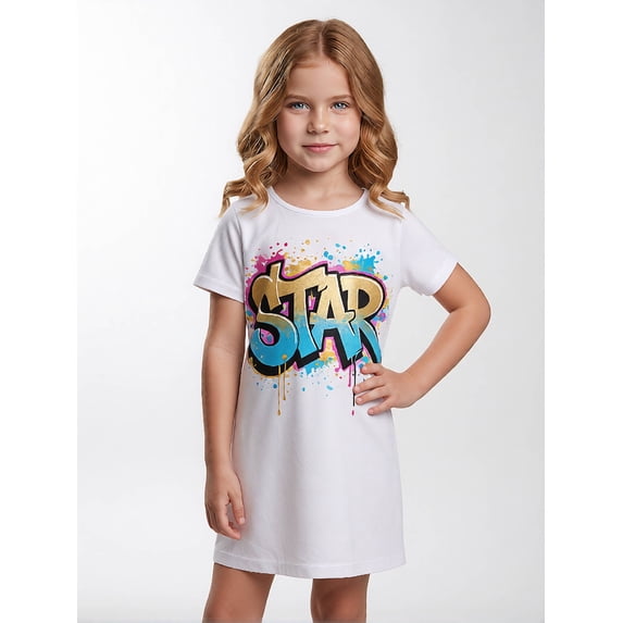 Girls Soft Fashion Short Sleeve Play Dress Comfort-Fit Round Neck Casual Dress for Little Girls Age 5-10