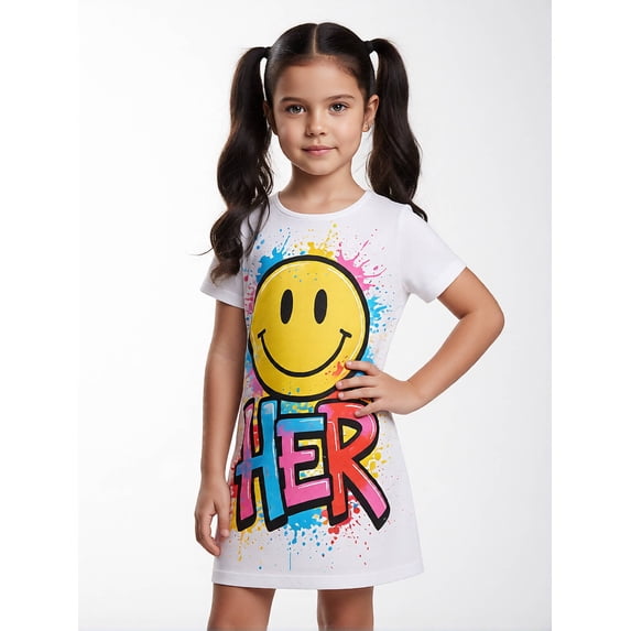 Girls Smooth Versatile Short Sleeve Summer Dress Slim-Fit Crewneck Casual Dress for Young Girls Age 5-13